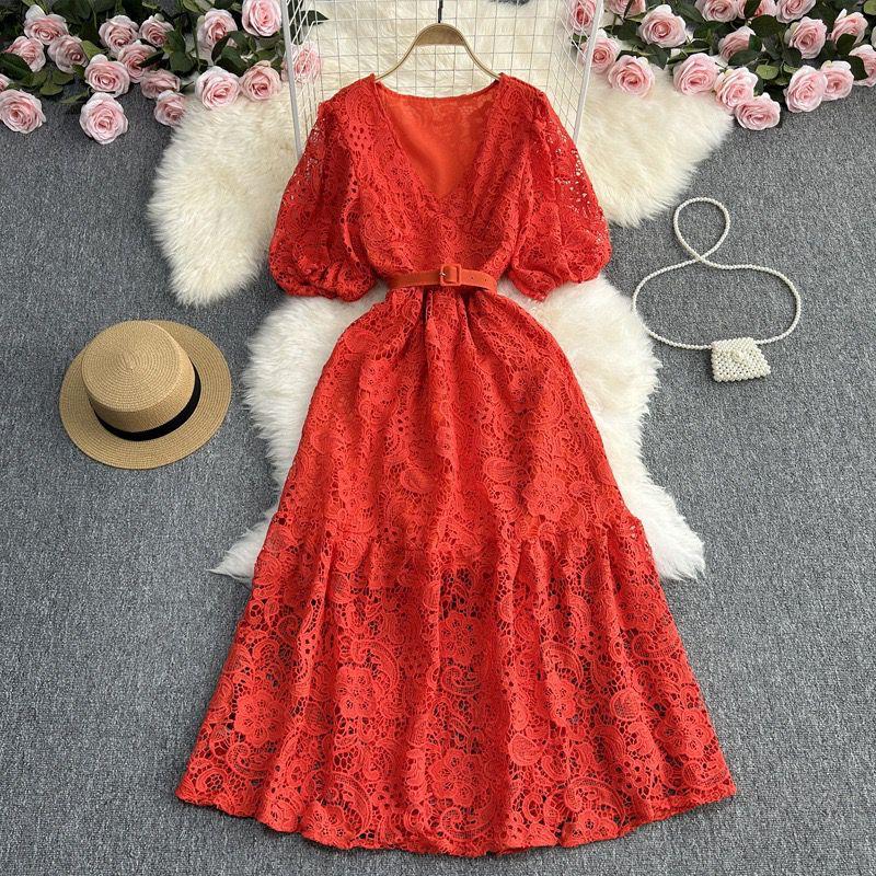 Selene Puff Sleeve V-Neck Crochet Maxi Dress5